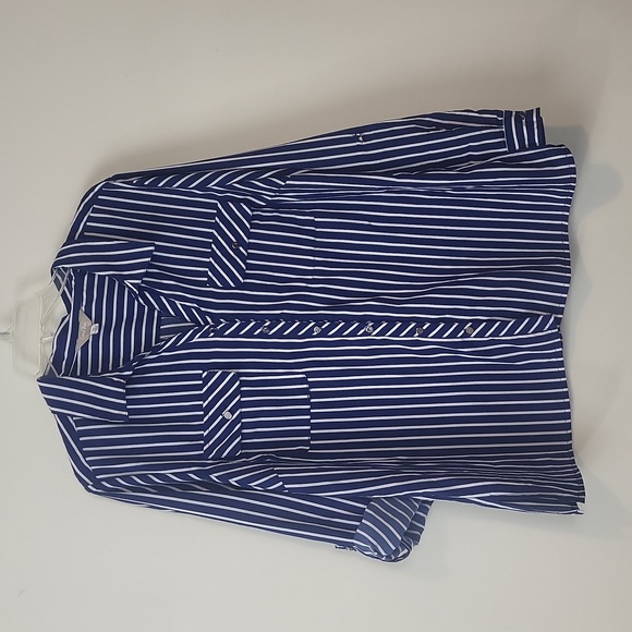 CORAL BAY Blue White Stripe Roll-Tab Pocket Blouse - Picture 1 of 12